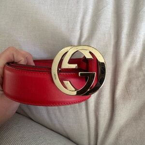Gucci Bold Red Belt with Iconic Gold Emblem